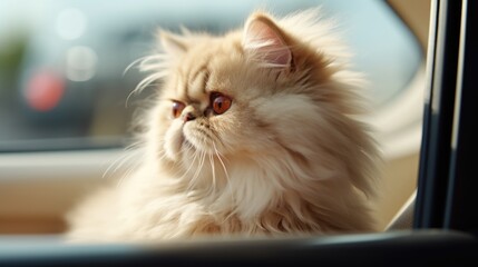Fluffy Persian Cat Looking Out Car Window