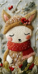 Fototapeta premium Christmas cute funny little cat near the Christmas tree in embroidery style