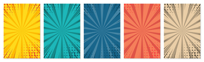 Set of retro comic striped card template with halftone effect. Vintage pop art colorful backgrounds set. Design for banner, poster, cover or card. Vector illustration © _AsAnia_