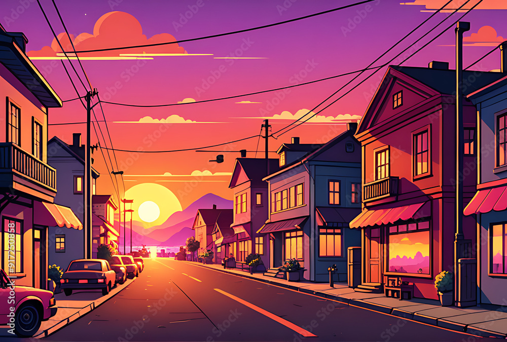 Poster sunset view town lofi background seamless loop animation