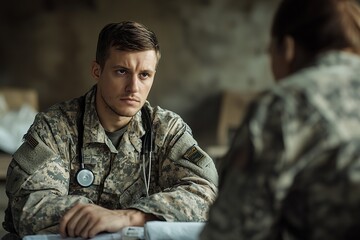 Fototapeta premium Dedicated Soldier Being Cared for by Military Doctor