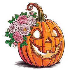 Jack-O-Lantern Halloween pumpkin decorated with pink roses isolated on white background 