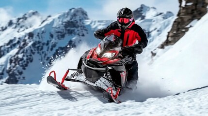 A thrilling snowmobile adventure through snowy mountains.