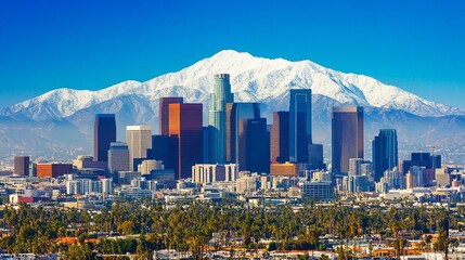 Skyline of Los Angeles with snow-capped mountain in background