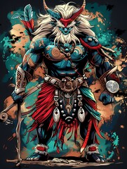 A mythical creature with horns, tribal attire, and a staff, embodying strength and cultural heritage.