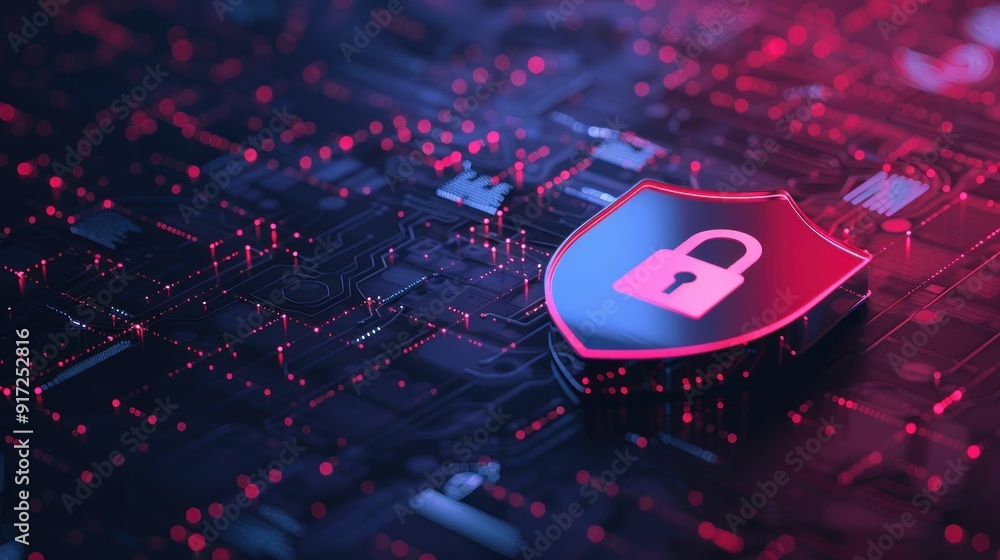 Poster cybersecurity: secure shield on a circuit board