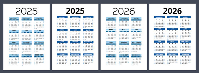 2025 and 2026 calendar set. Vector pocket calender design. Week starts on Sunday. January, February, March, April, May, June, July, August, September, October, November, December