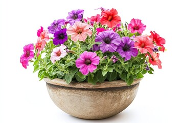 Fototapeta premium Colorful petunia flowers in the pot isolated on a white background