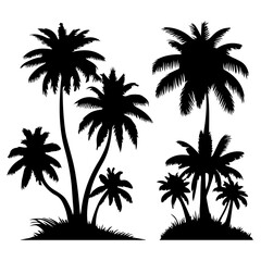 Set of Tropical palm tree silhouettes, Hawaii beach palm tree vector, Tropical Coconut trees icon set.