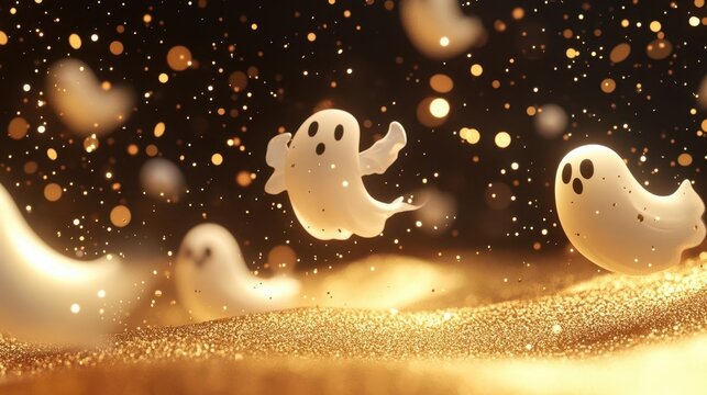 Cute white ghosts floating in golden glitter, perfect for Halloween decorations.