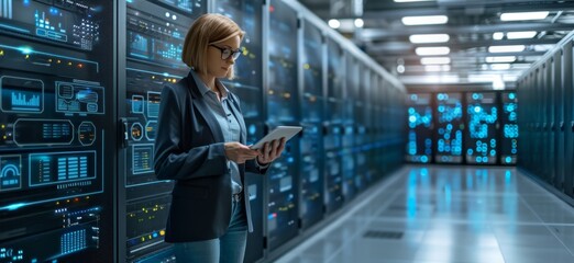 It expert is using a digital tablet to analyze big data in a server room