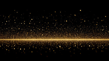 Golden particles falling from above, creating a sparkling and luxurious atmosphere on a dark background. Ideal for festive, celebratory, or luxury-themed designs and creative projects.