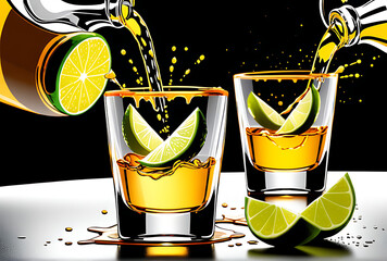 tequila shot glasses making toast splash illustrated detail