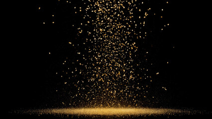 Golden particles falling from above, creating a sparkling and luxurious atmosphere on a dark background. Ideal for festive, celebratory, or luxury-themed designs and creative projects.