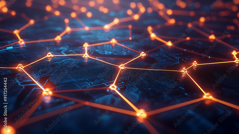 Poster abstract network of glowing orange lines and nodes on a blue background
