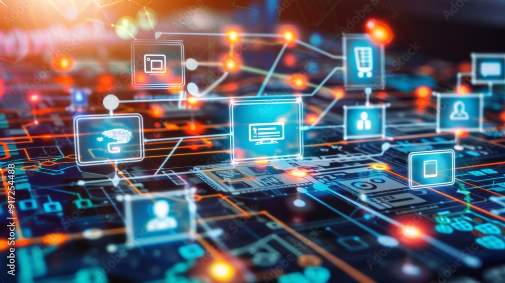 Poster artificial intelligence connecting business icons on circuit board