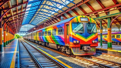 Obraz premium Vibrant and engaging photo of a colorful train on the tracks in a bustling station , transportation, travel, train, station