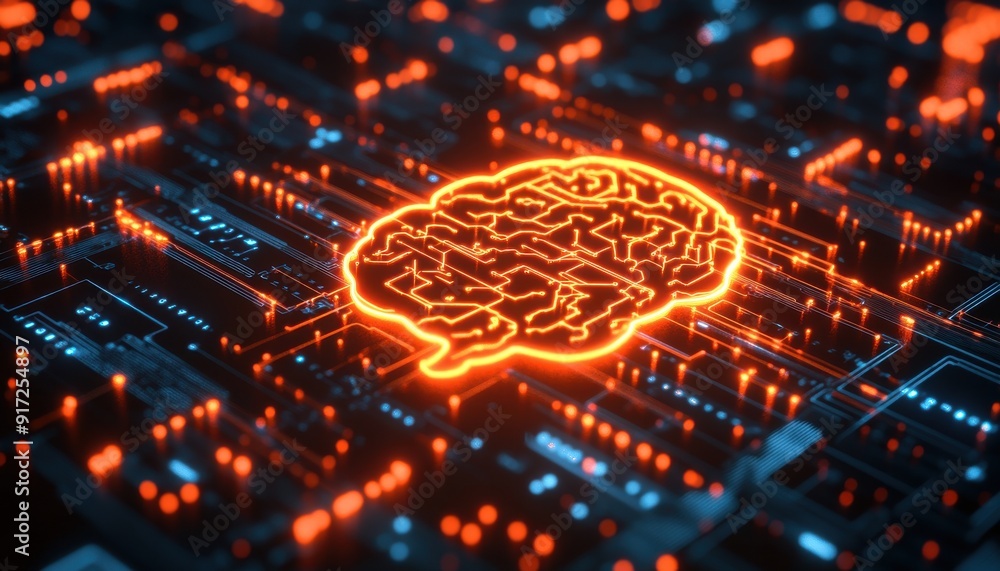 Aufkleber an illuminated brain illustration over a circuit board, symbolizing artificial intelligence and tech