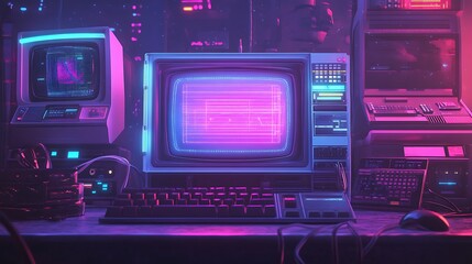 Obraz premium Retro Computer Workstation with Glowing Screen and Keyboard