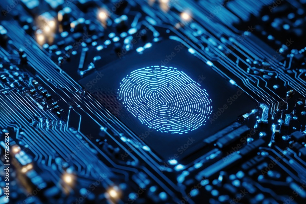 Poster close-up of a fingerprint on a circuit board, symbolizing digital security and biometric technology 