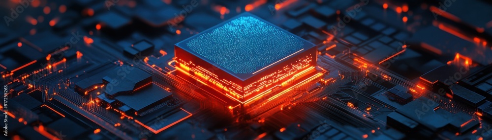 Poster close-up of a glowing microchip on a circuit board, showcasing advanced technology and vibrant elect