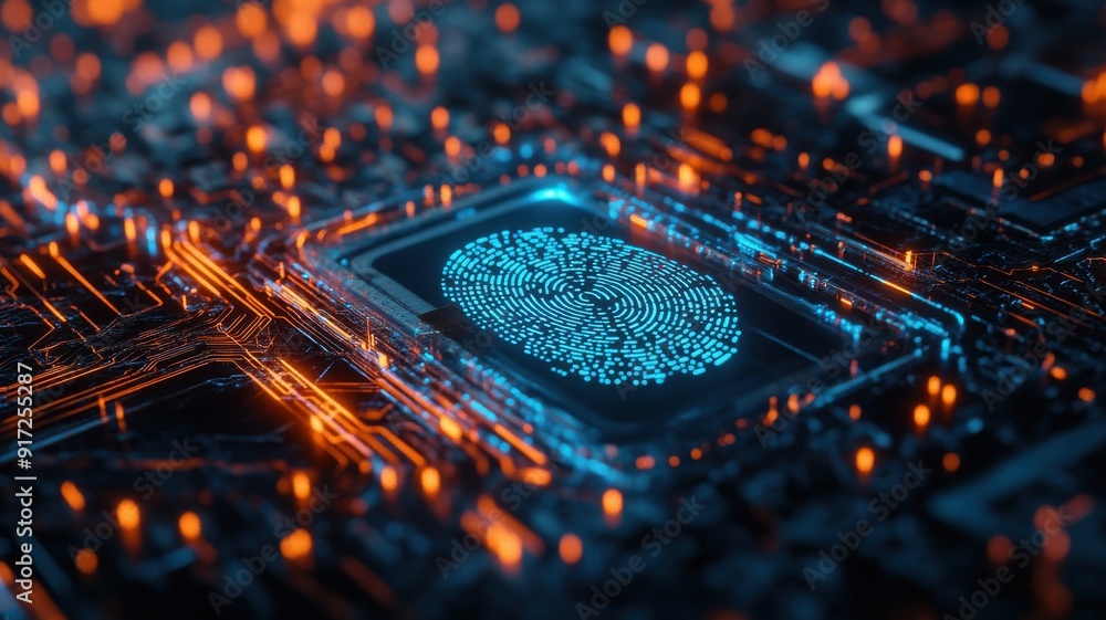Poster close-up of a futuristic microchip with glowing circuits, showcasing advanced technology and digital