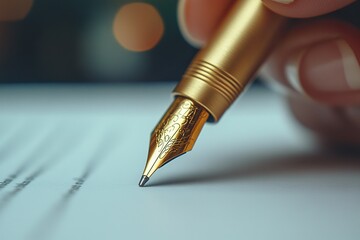 Finger Pointing at Document While Signing with Gold Pen