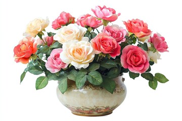 Colorful rose flowers in the pot isolated on a white background