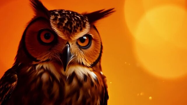 A large owl with yellow eyes stares at the camera. The image has a warm, orange tone that creates a cozy and inviting atmosphere
