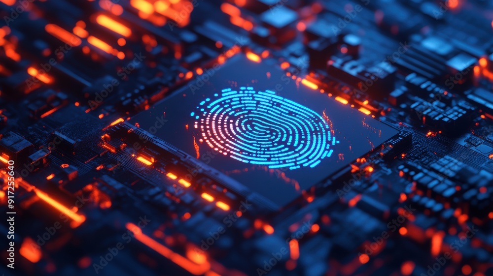 Poster close-up view of a futuristic fingerprint sensor on a circuit board illuminated with vibrant blue an