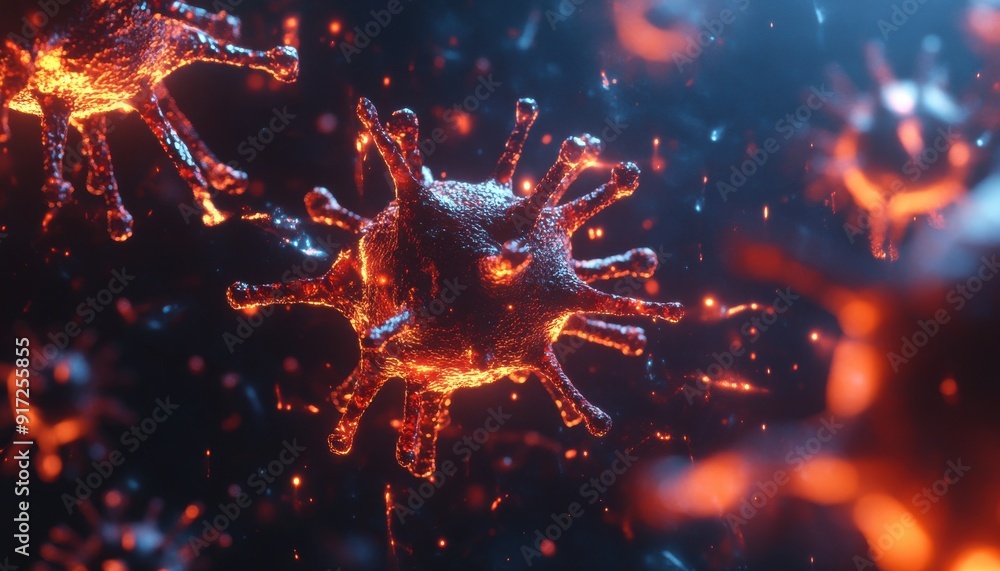 Poster close-up visualization of a virus with glowing details, showcasing its structure and potential impac