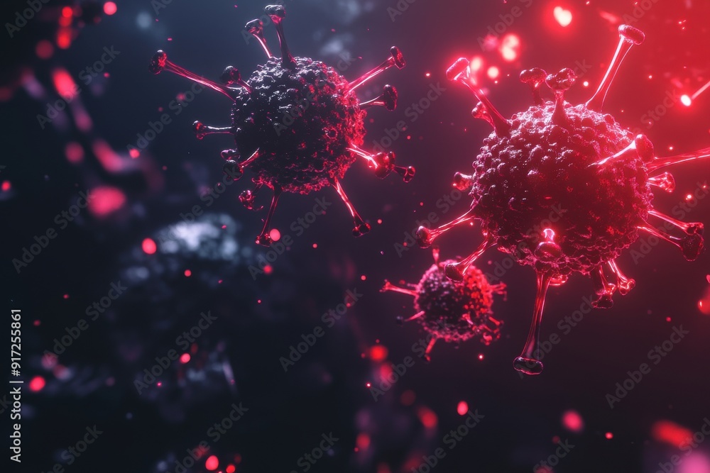 Poster colorful 3d rendering of viruses in a dark background, showcasing their complex structures and vibra