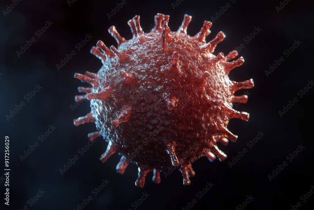 Poster detailed 3d rendering of a virus, showcasing its structure and unique features against a dark backgr