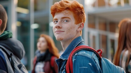 A young man with red hair is smiling and wearing a blue jacket and red backpack
