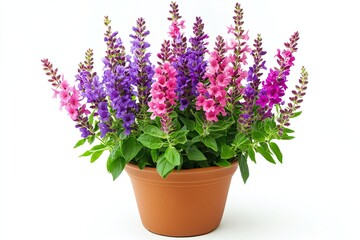 Colorful salvia flowers in the pot isolated on a white background