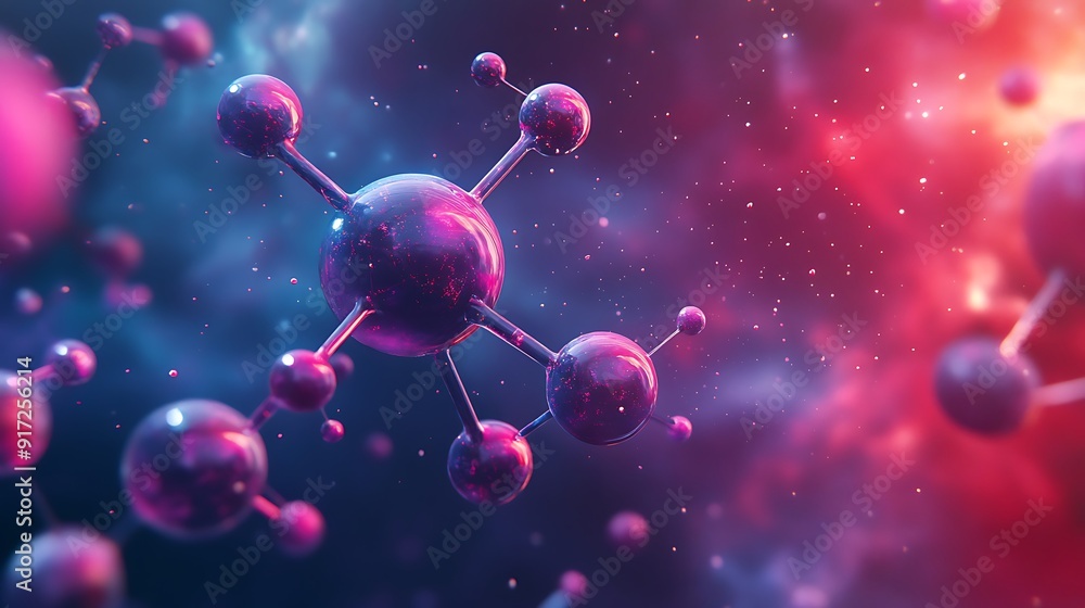 Poster abstract 3d render of a shiny molecular structure with pink and blue hues