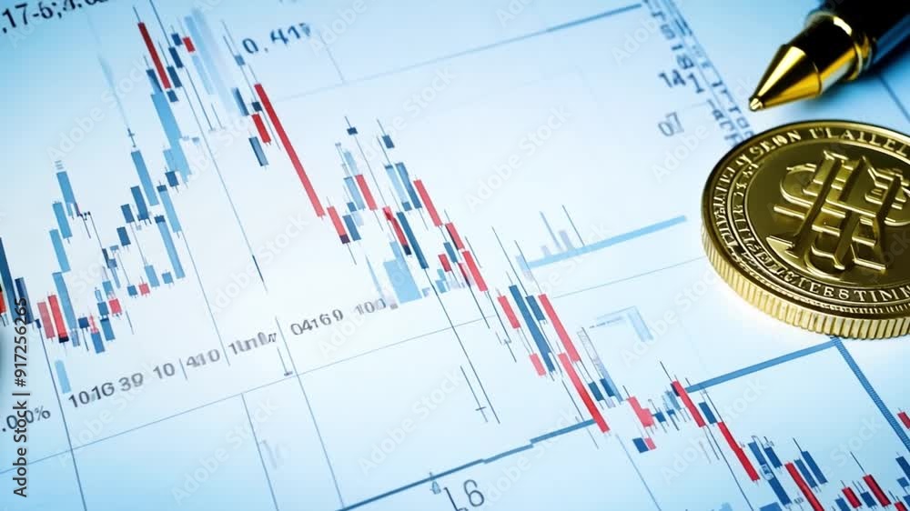 Aufkleber a coin on top of a graph with red and blue lines. ideal for illustrating financial trends and the in