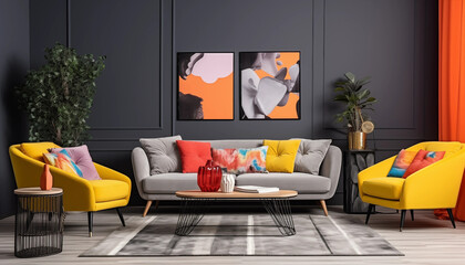 Modern Living Room Interior with Grey Sofa Yellow Armchairs and Abstract Art