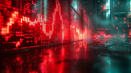 Fototapeta premium A detailed photograph of a stock market screen displaying dramatic drops in stock prices, with red numbers and downward arrows. The trading floor is almost empty,