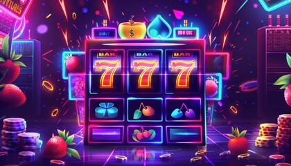 Exciting neon slot machine with vibrant symbols and bright lights in a virtual casino setting at night