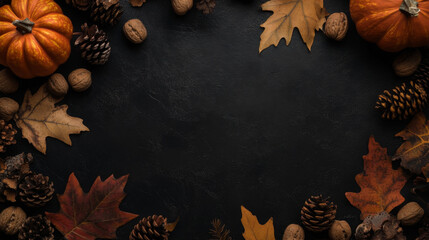 Warm autumn elements arranged on black background with ample copy space