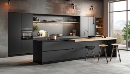 Modern kitchen with sleek black cabinetry and wooden island in a contemporary home with scenic outdoor view