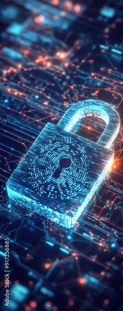 Poster futuristic digital lock symbolizing cybersecurity and data protection in a high-tech environment.