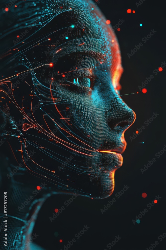 Poster futuristic robot face showcasing intricate lines and vibrant colors, symbolizing technology and arti