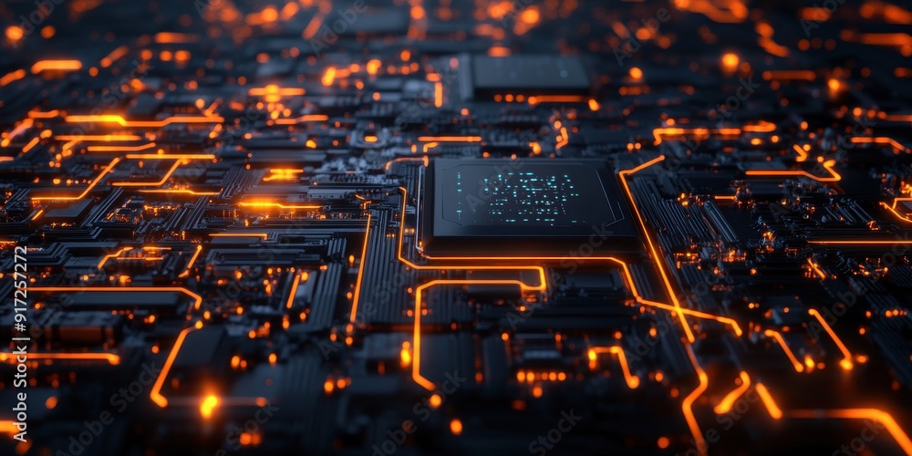 Poster futuristic technology abstract background with glowing circuits and a microchip detail, ideal for te