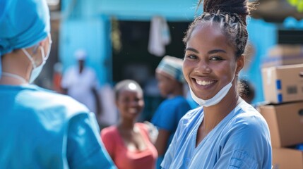 Fototapeta premium Global health volunteers providing aid to people in need