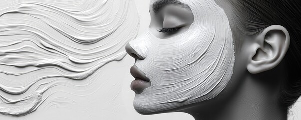 Line art of a person using a face mask brush, [Application Tool], [Skincare Routine], No logo, No Trademark, No text, copyspace for text