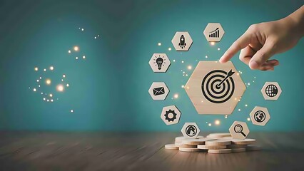 The concept of business goal and marketing target. Man hand holding wooden block with bullseye icon and other business icons. Goal objective strategy plan action, Target success, Achievement company