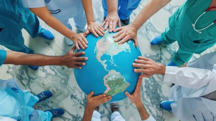 Healthcare workers from different countries forming a global health connection