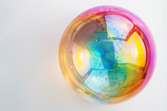 Close-up of a vibrant rainbow-colored soap bubble, floating against a white background.